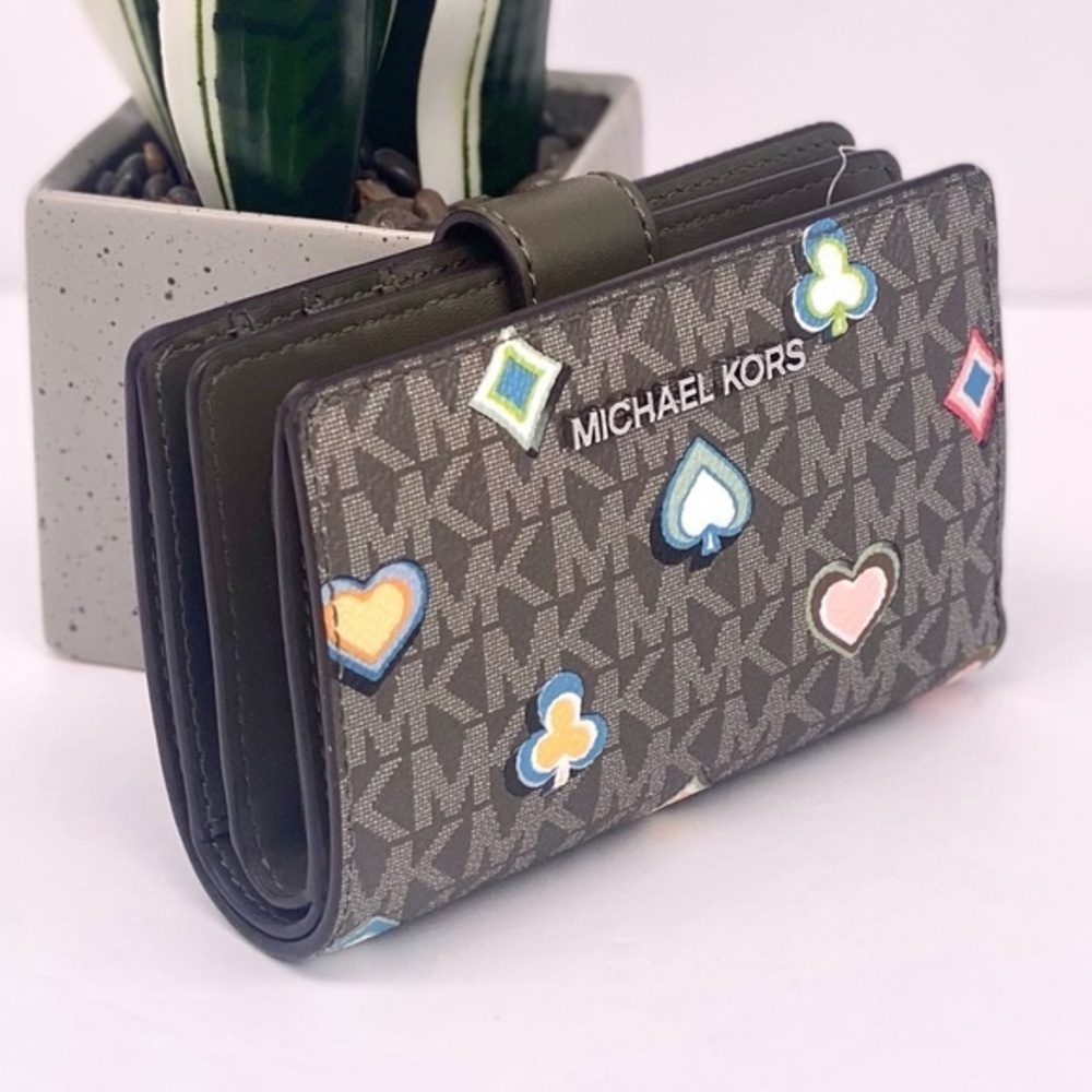 Michael Kors Multicolor Patterned Bifold Medium Wallet Olive